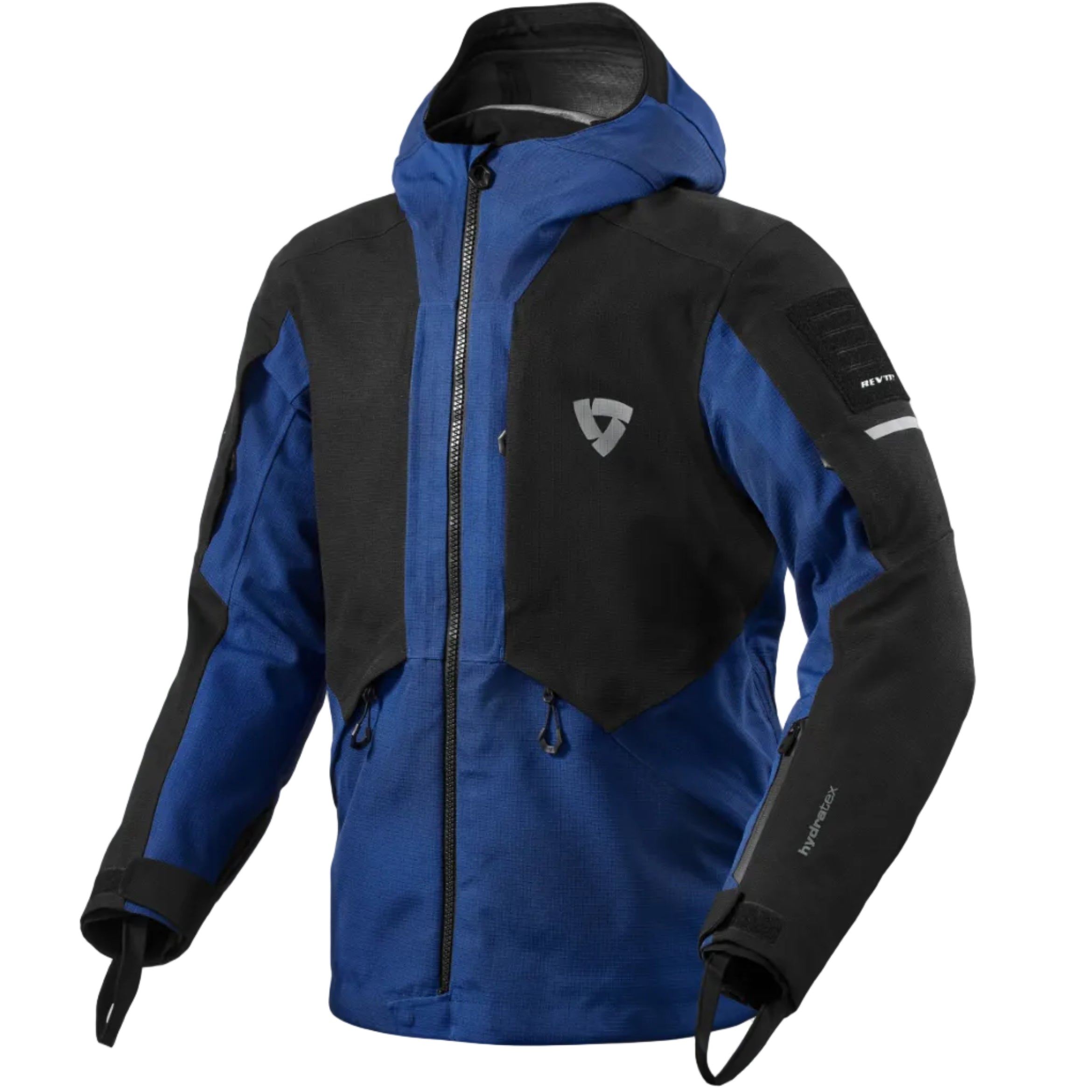 Blue and black jacket with a brand logo on a white background