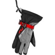 Black and gray glove with red accents on a white background