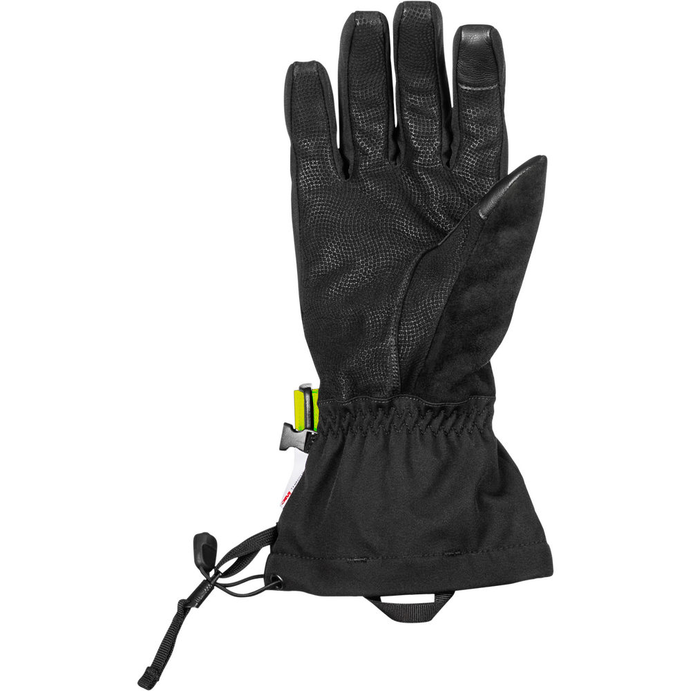 Black glove with a small yellow tag on a white background