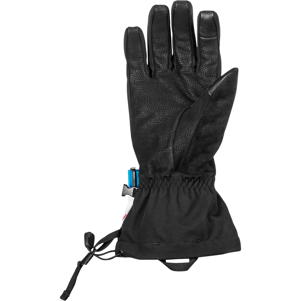 Black glove with a small blue zipper on a white background