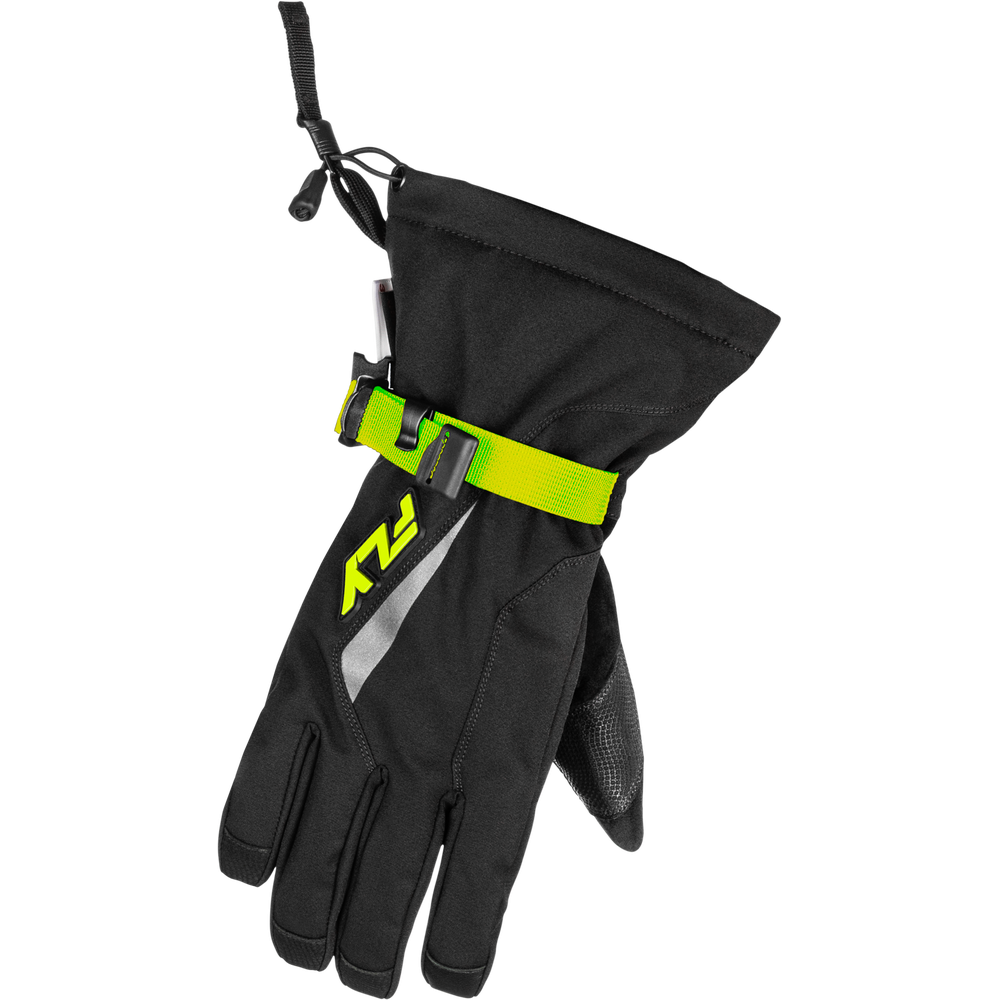 Black glove with a yellow strap and visible brand logo on a white background