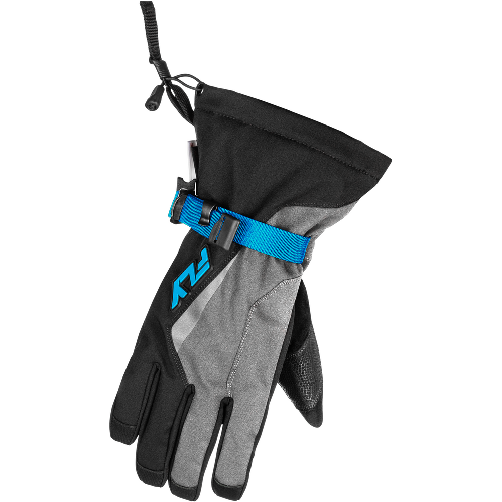 Black and gray glove with blue strap on a white background
