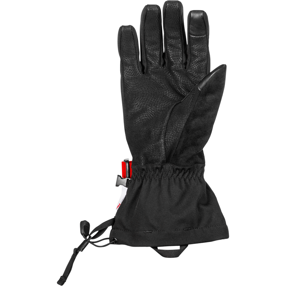 Black glove with a red and gray tag on a white background