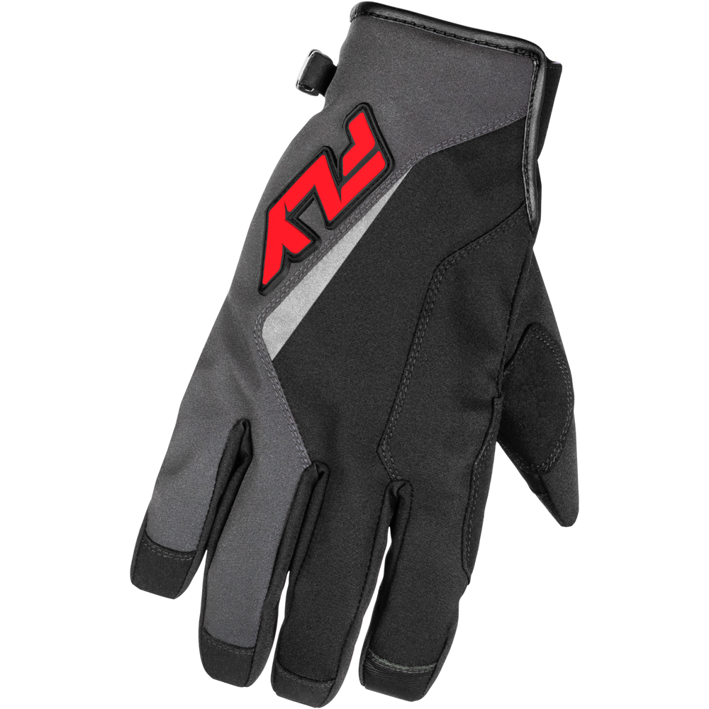 Black and gray glove with a red logo on a white background