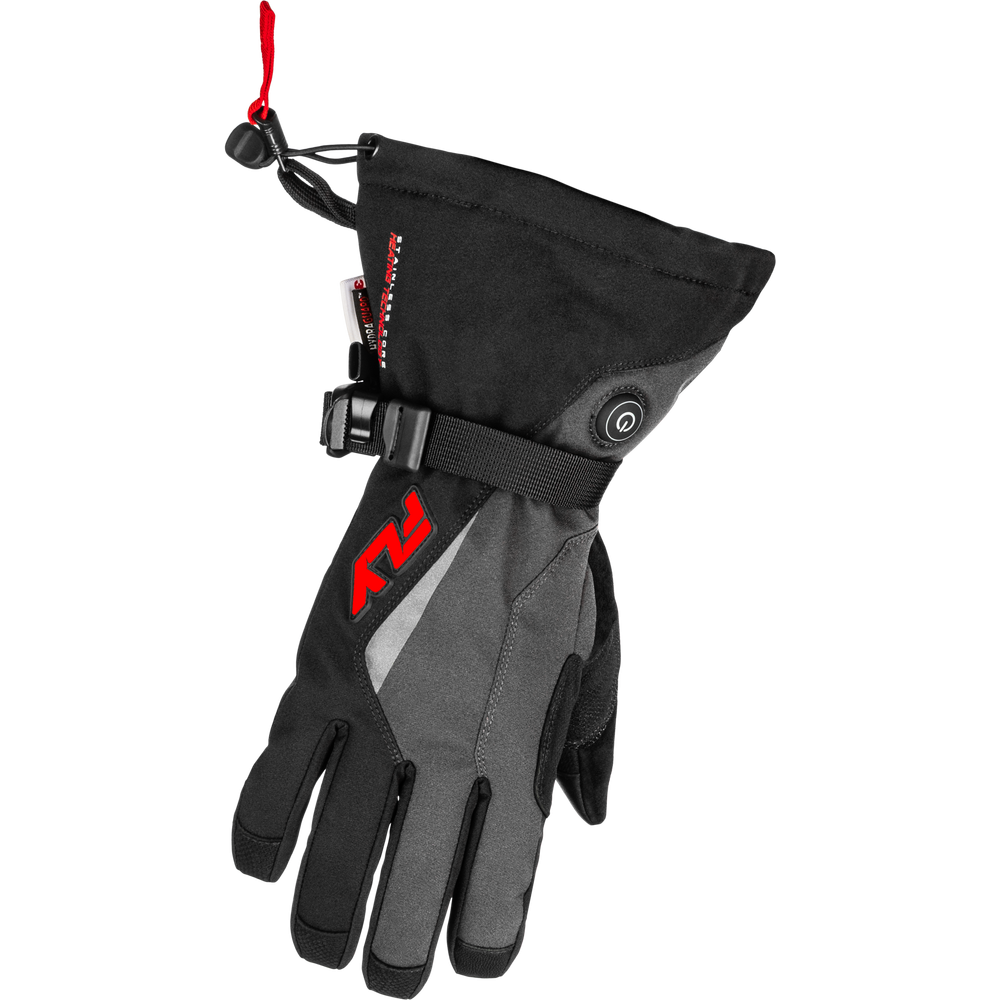 Black and gray glove with red logo on a white background