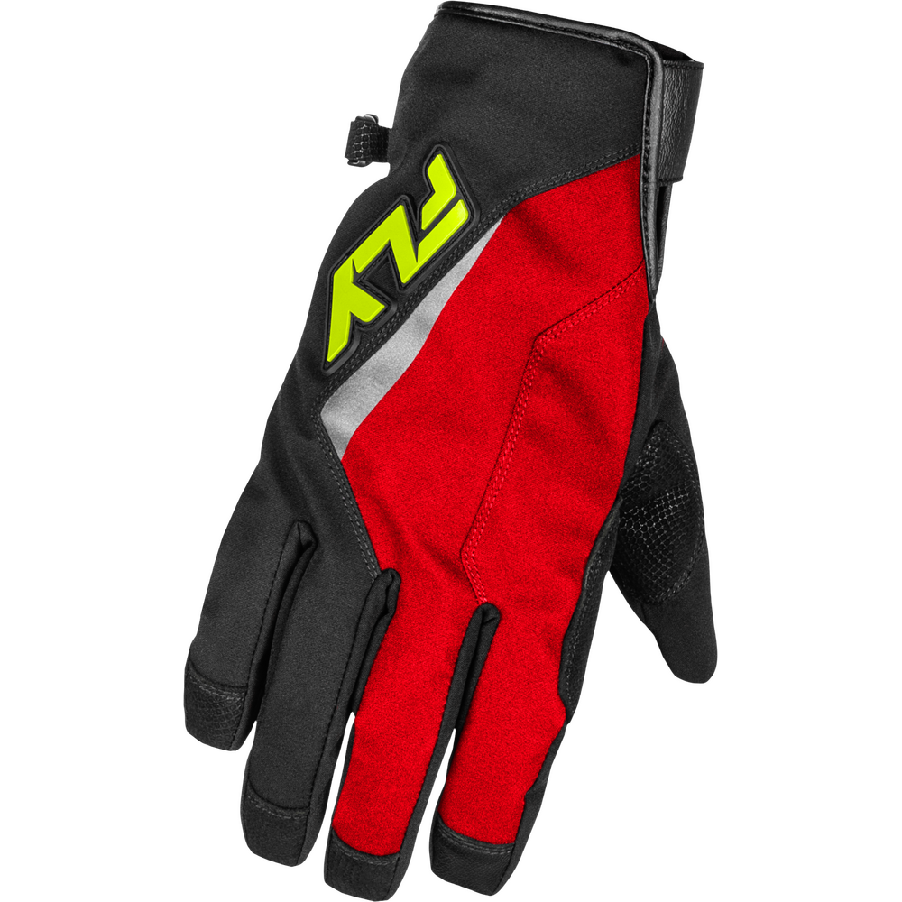 Red and black glove with a green logo on a white background