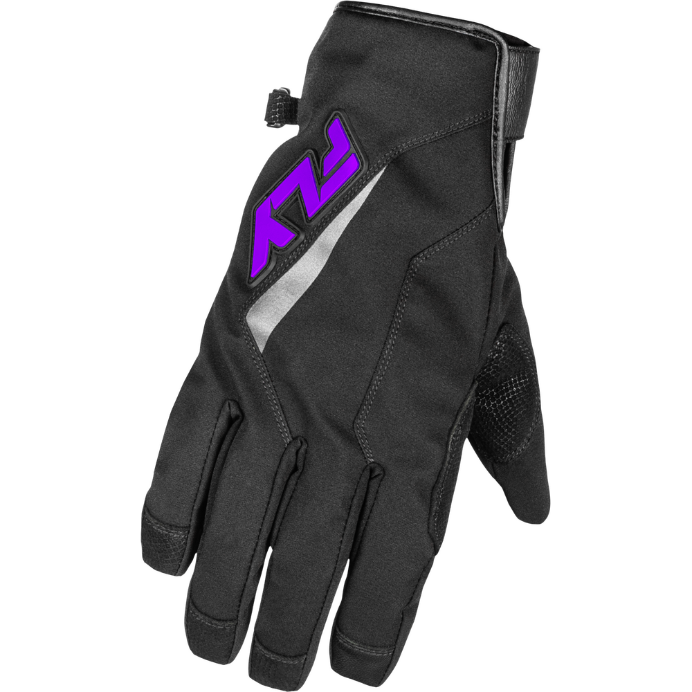 Black glove with a purple logo on a white background