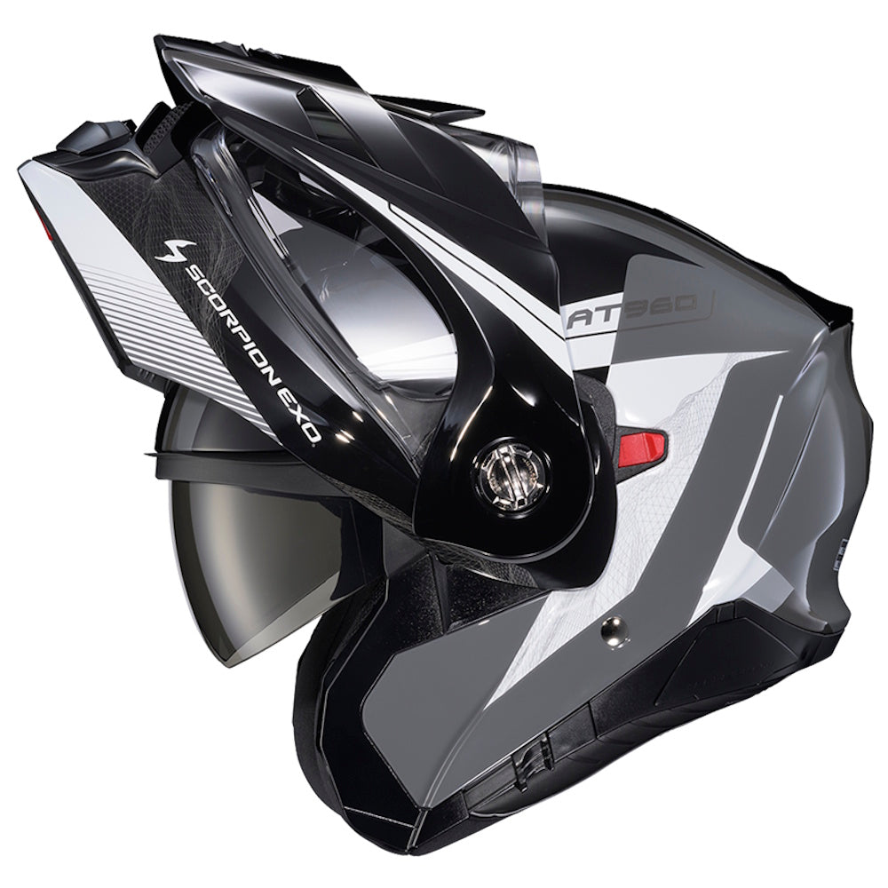 A Scorpion EXO-AT960 Topographic 2 Helmet convertible motorcycle helmet in a glossy black and white color scheme, shown with the visor open against a plain white background.