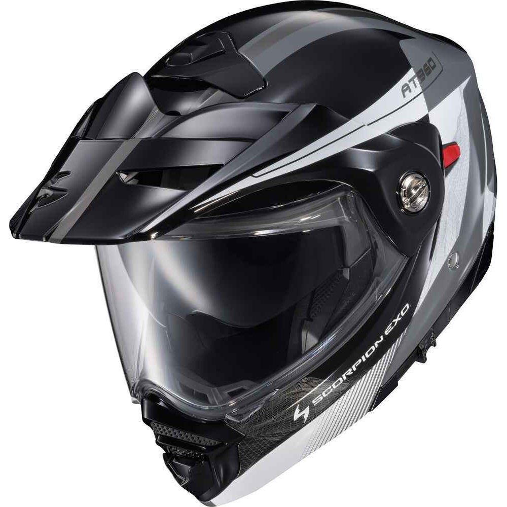 A black and silver full-face motorcycle helmet with a clear visor, featuring the AT960 and Scorpion EXO branding.