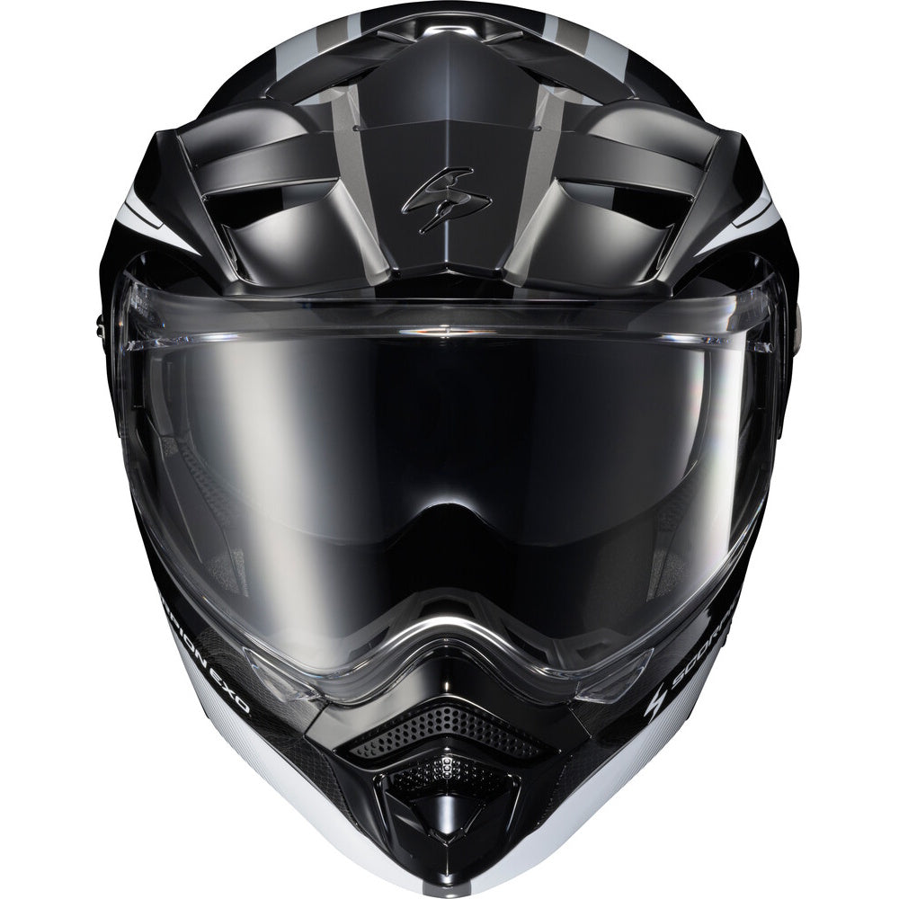 A black full-face motorcycle helmet with a clear visor, shown from a front-facing perspective on a white background.
