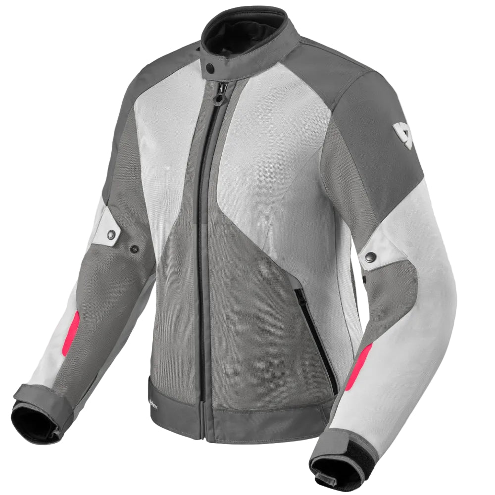 Gray and white jacket with red accents on a light gray background