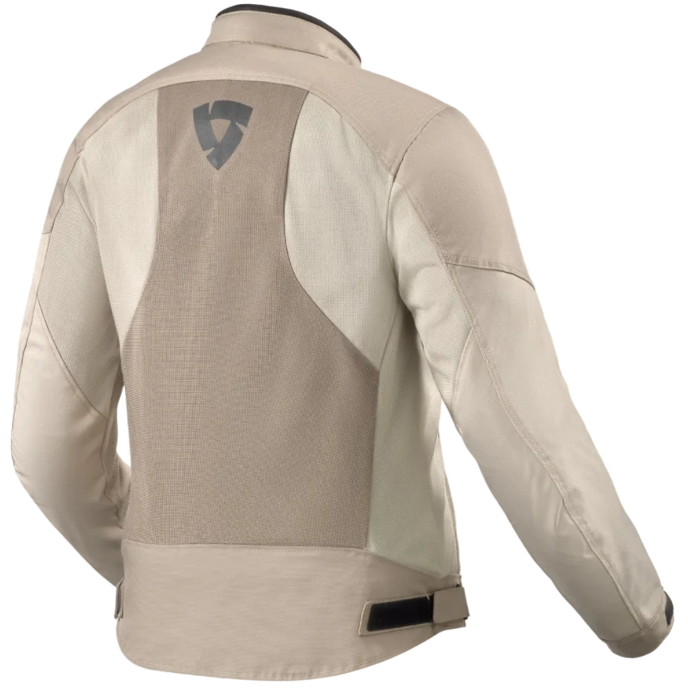 Beige motorcycle jacket with brand logo on a white background