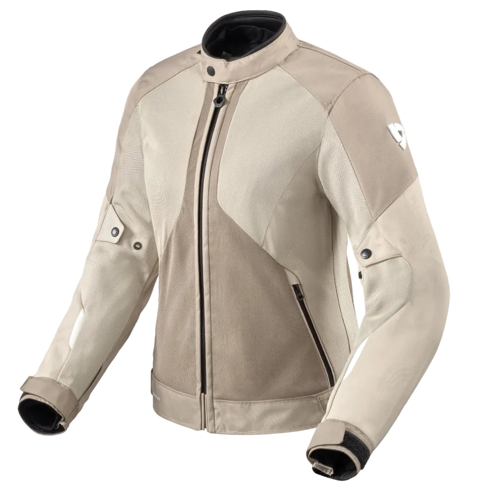 Beige motorcycle jacket with black accents on a white background