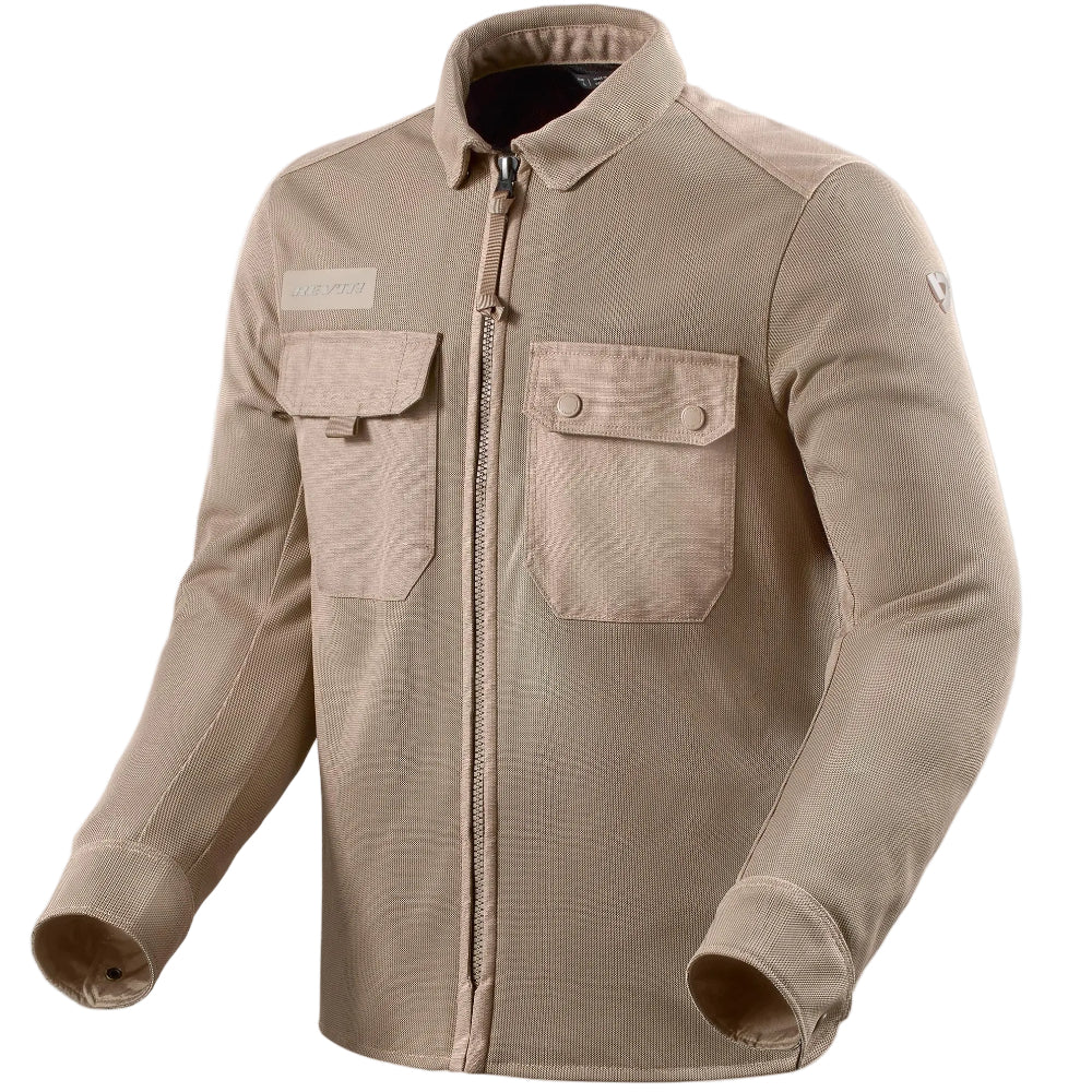 Fully ventilated, zip-up, mesh overshirt for motorcycle riding in a tan