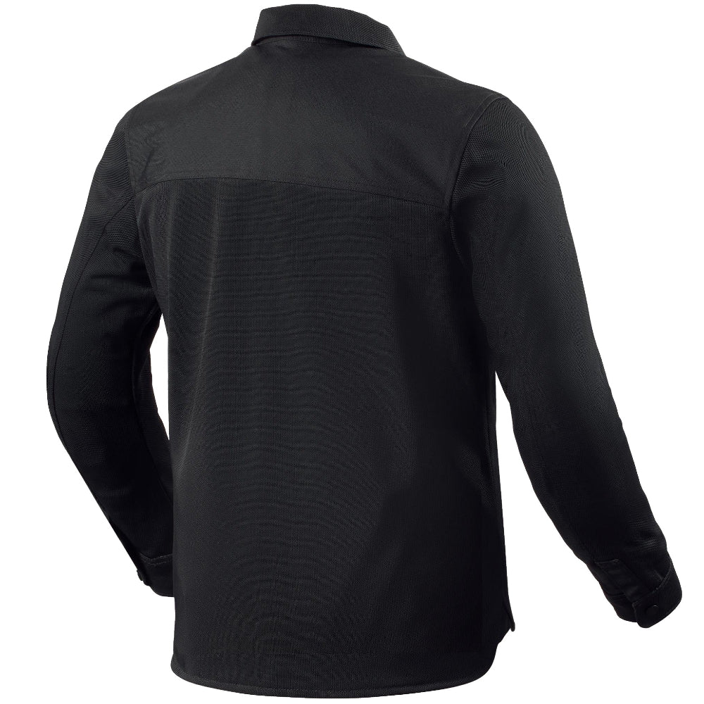 Back view of a fully ventilated, zip-up, mesh overshirt for motorcycle riding in black 