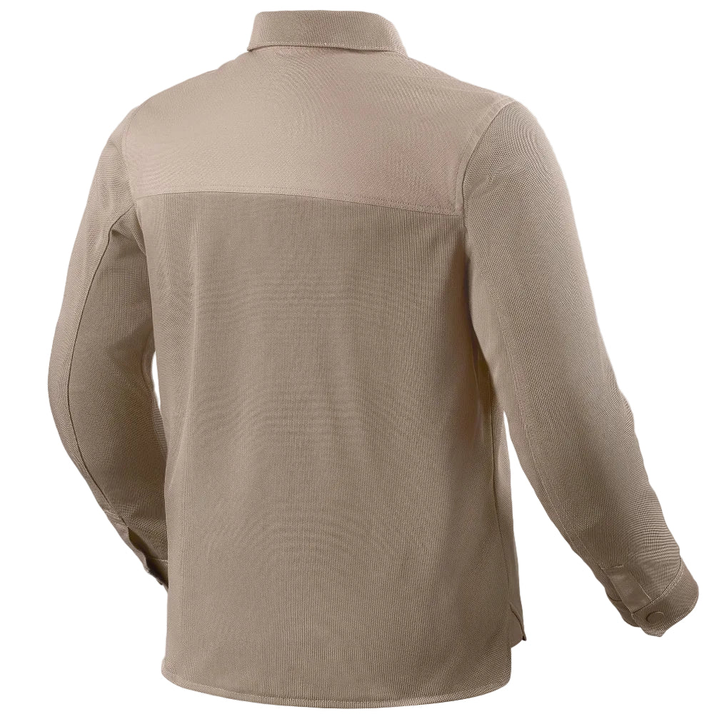 Back view of a fully ventilated, zip-up, mesh overshirt for motorcycle riding in a tan color