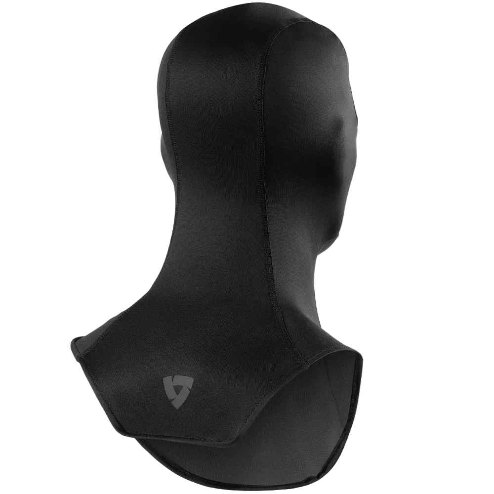 Black hooded garment on a mannequin against a white background