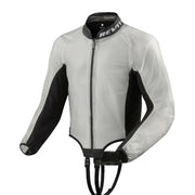 Lightweight jacket with black sleeves and a visible brand logo on a white background