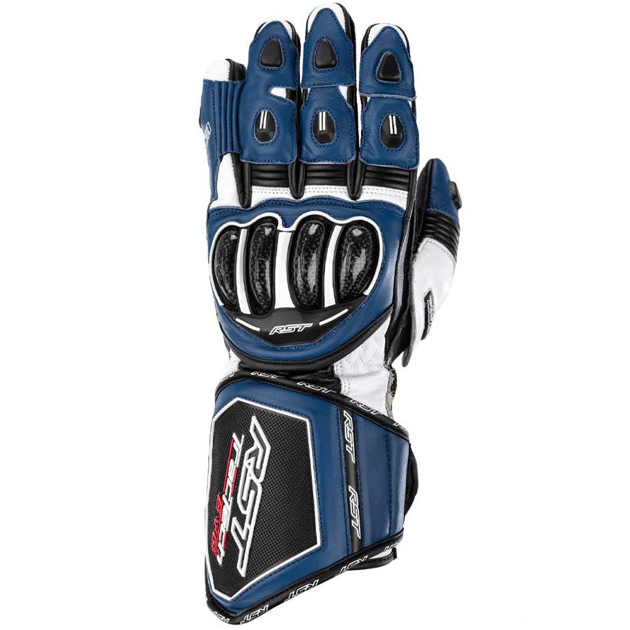Blue and white motorcycle glove with brand logo on a white background