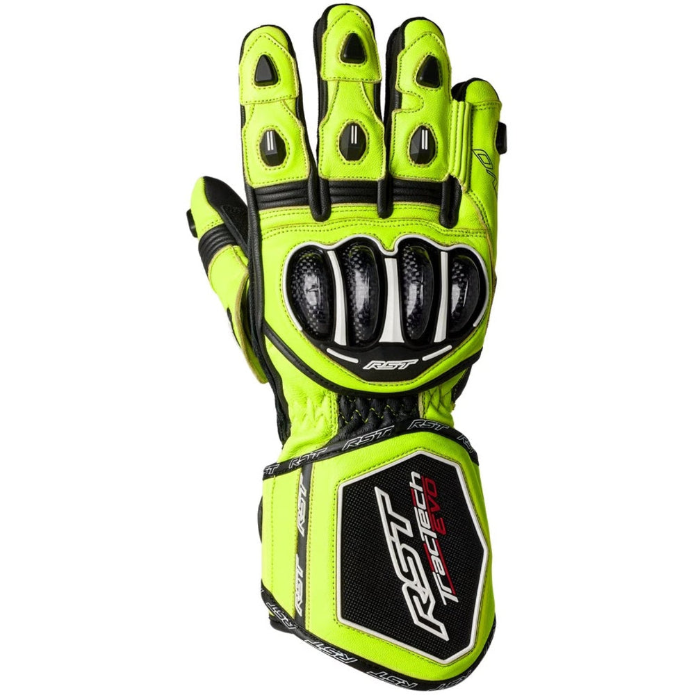 Fluorescent green motorcycle glove with black accents on a white background