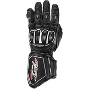 Black motorcycle glove with brand logo on a white background