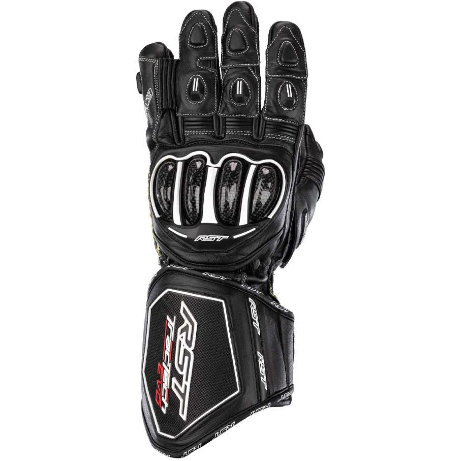 Black motorcycle glove with brand logo on a white background