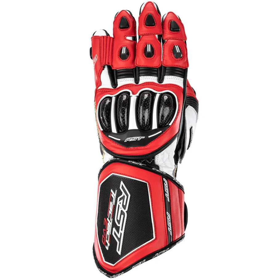 Red and black motorcycle glove with brand logo on a white background