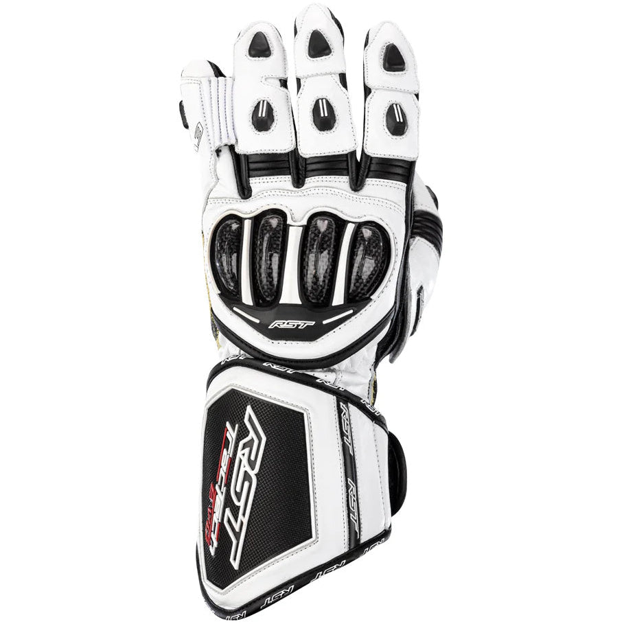 White motorcycle glove with black accents on a white background