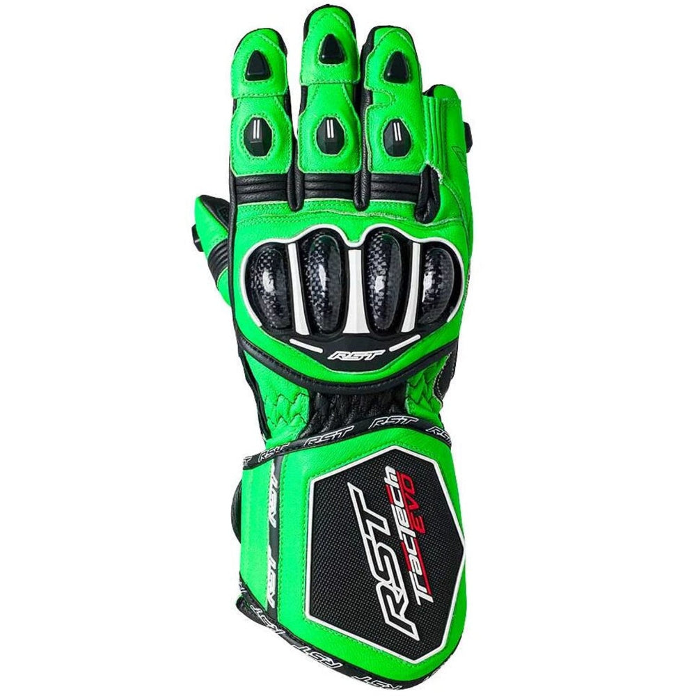 Green motorcycle glove with RST logo on a white background