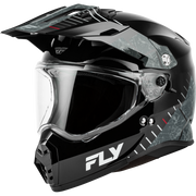 A black Dual Sport motorcycle helmet with a clear visor, featuring gray and black marble-patterned graphics on the sides and a prominent white 'FLY' logo on the lower front.
