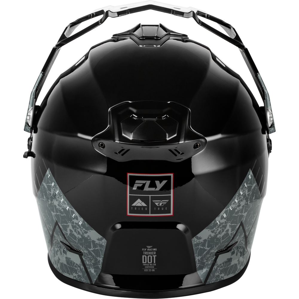 Black Fly Racing Dual Sport motorcycle helmet with a clear visor and gray camouflage pattern accents on the lower sides, shown against a white background.