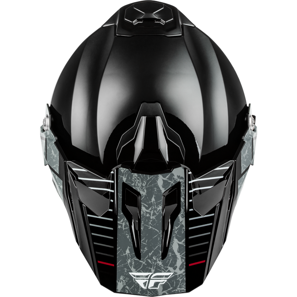 A Dual Sport motorcycle helmet in glossy black with a gray and white marble-patterned lower face shield and small red accent lines, shown against a plain white background.