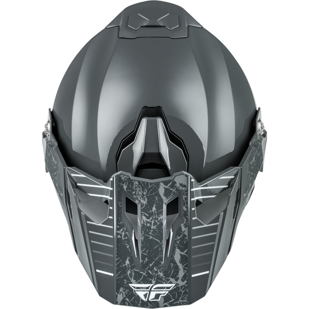 A dark gray Dual Sport motorcycle helmet with a glossy finish and a distinctive black-and-white marbled pattern on the lower face shield and side guards, shown against a plain white background.