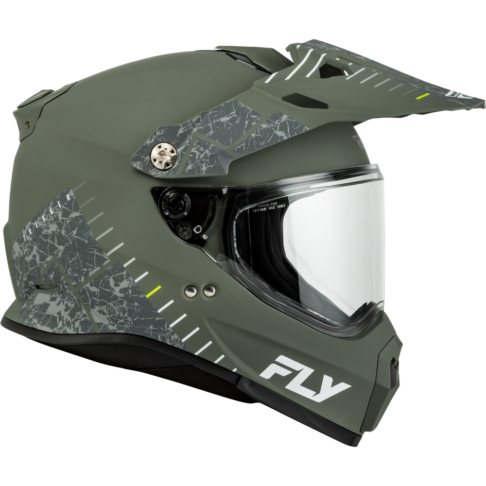 An olive green full-face motorcycle helmet with a clear visor, featuring a gray and black abstract pattern on the side panels and a white 'FLY' logo on the lower front.