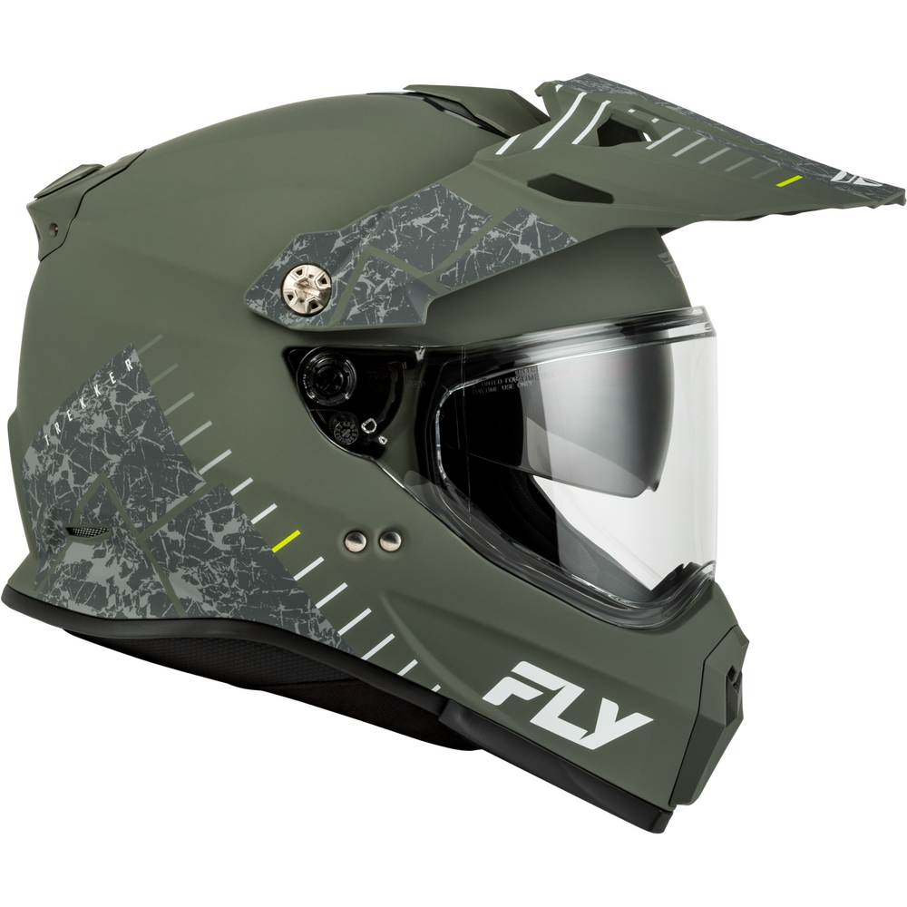 An olive green full-face motorcycle helmet with a clear visor, featuring a gray and black camouflage pattern on the side panels and a white 'FLY' logo on the lower front.