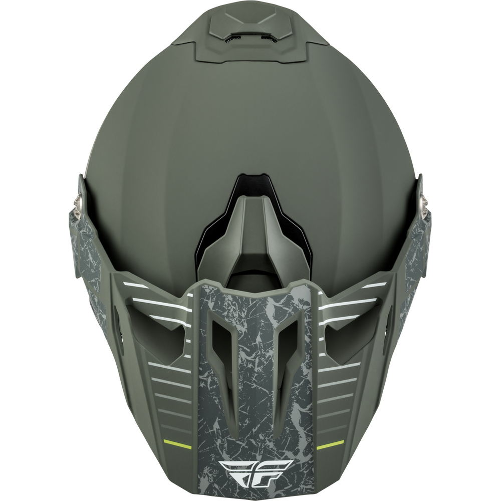 A matte dark gray full-face Dual Sport motorcycle helmet with a matching dark gray chin bar featuring a gray-and-white marble pattern and a small yellow accent line, shown against a plain white background.