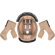 A protective headgear or helmet interior setup shown from above, featuring a black outer shell with a tan mesh and foam padding system and two matching tan shoulder or side padding pieces on a plain white background.