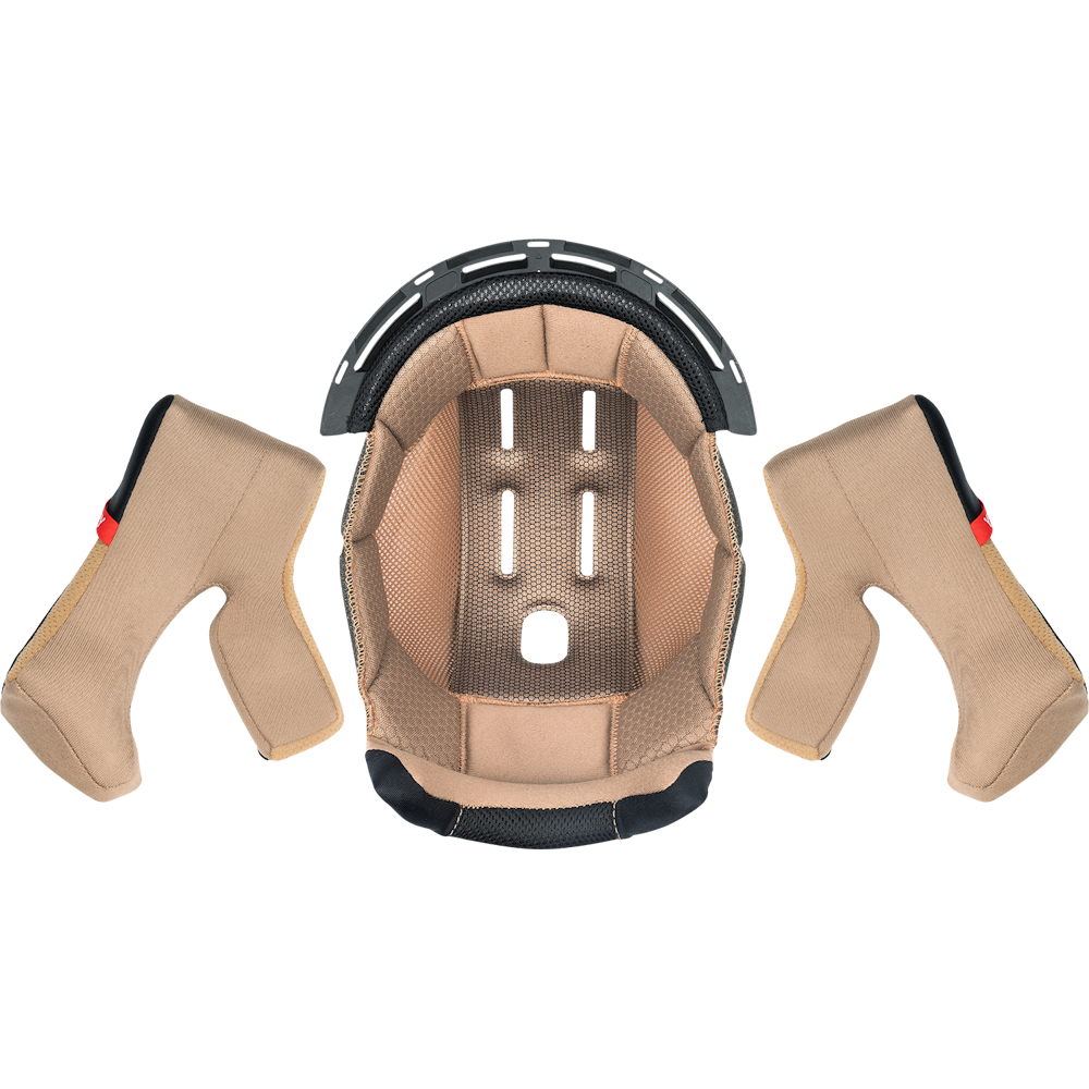 A protective headgear or helmet interior setup shown from above, featuring a black outer shell with a tan mesh and foam padding system and two matching tan shoulder or side padding pieces on a plain white background.