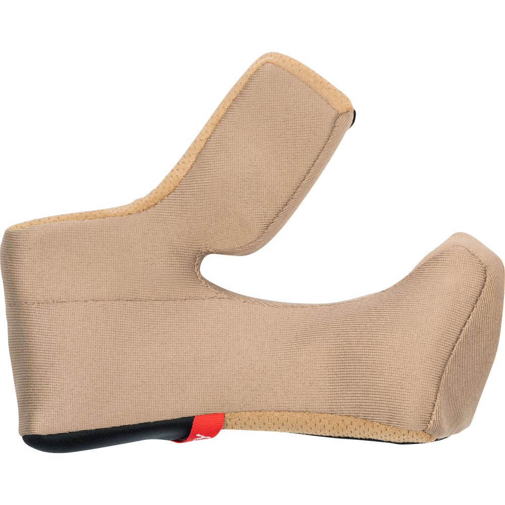 A beige fabric footrest or cushion with a contoured shape, featuring a black and red sole edge, shown against a plain white background.