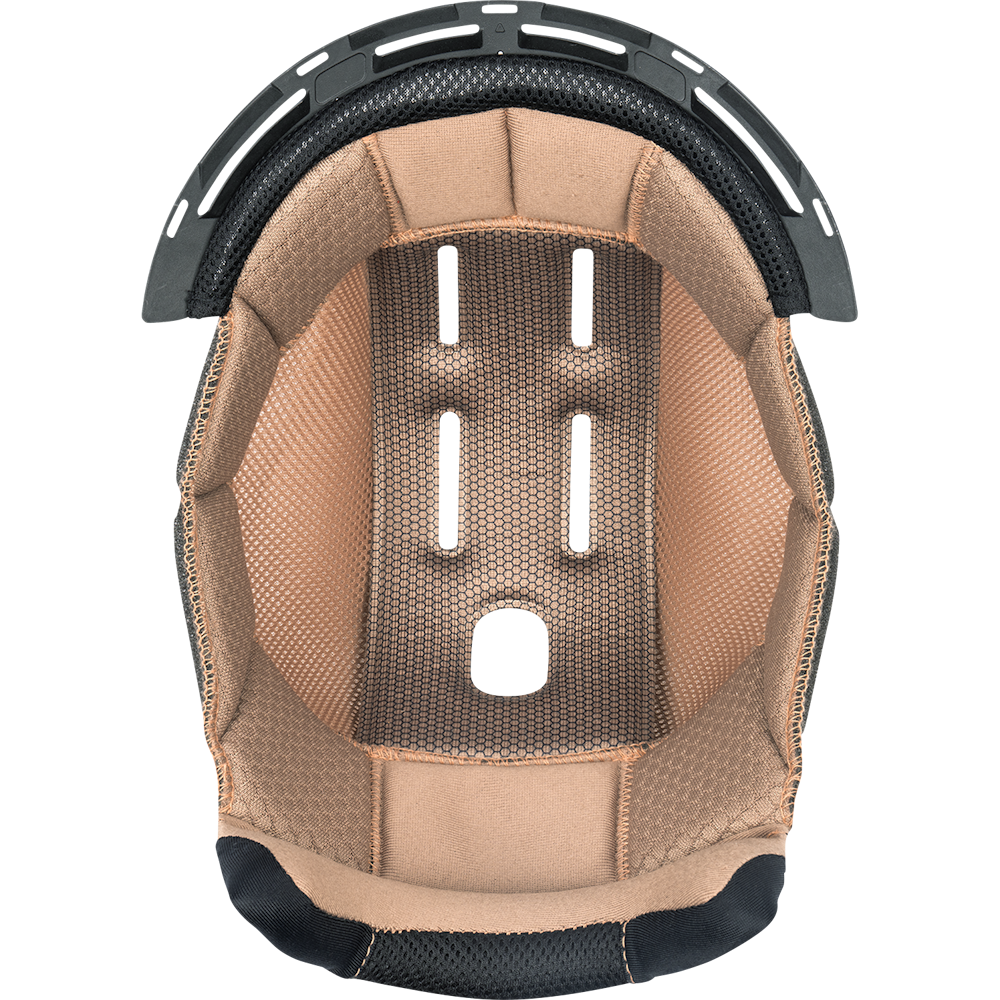 Close-up of a helmet interior with beige padding and black mesh on a white background