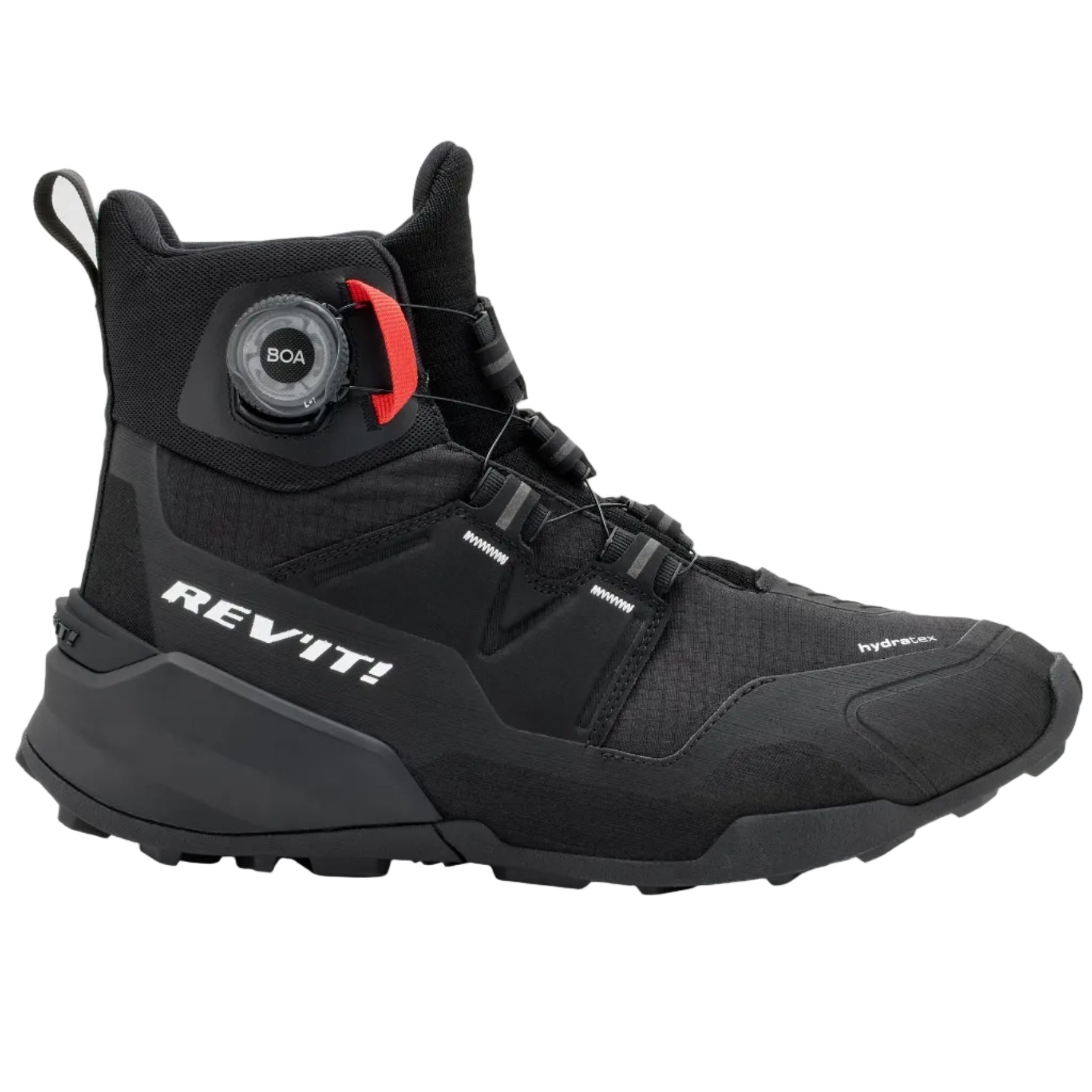 Black hiking boot with red accents on a white background
