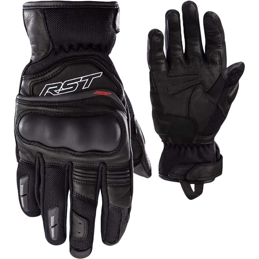 Black motorcycle gloves with RST branding on a white background