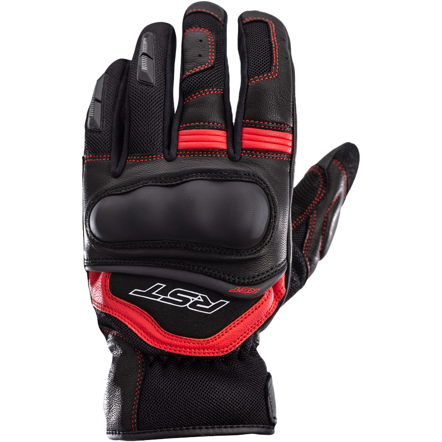 Black and red glove with 'RST' branding on a white background