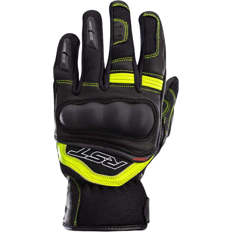 Black and yellow glove with 'RST' branding on a white background