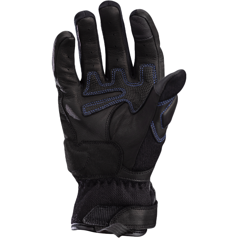 Black tactical glove with blue accents on a white background