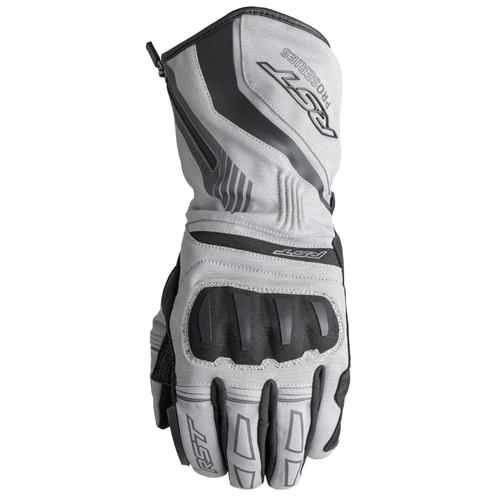 White and black motorcycle glove with brand logo on a white background