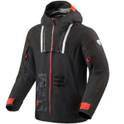 Black jacket with red accents on a white background
