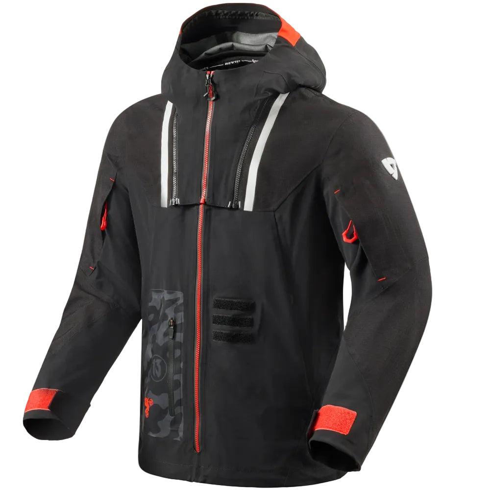 Black jacket with red accents on a white background