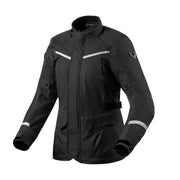 Black motorcycle jacket with reflective stripes on a light gray background