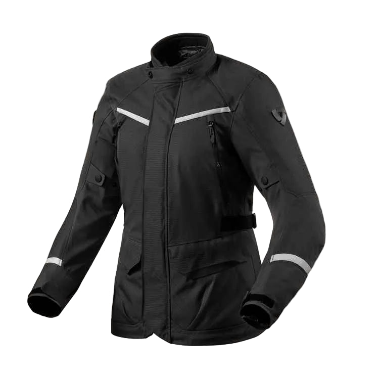 Black motorcycle jacket with reflective stripes on a light gray background